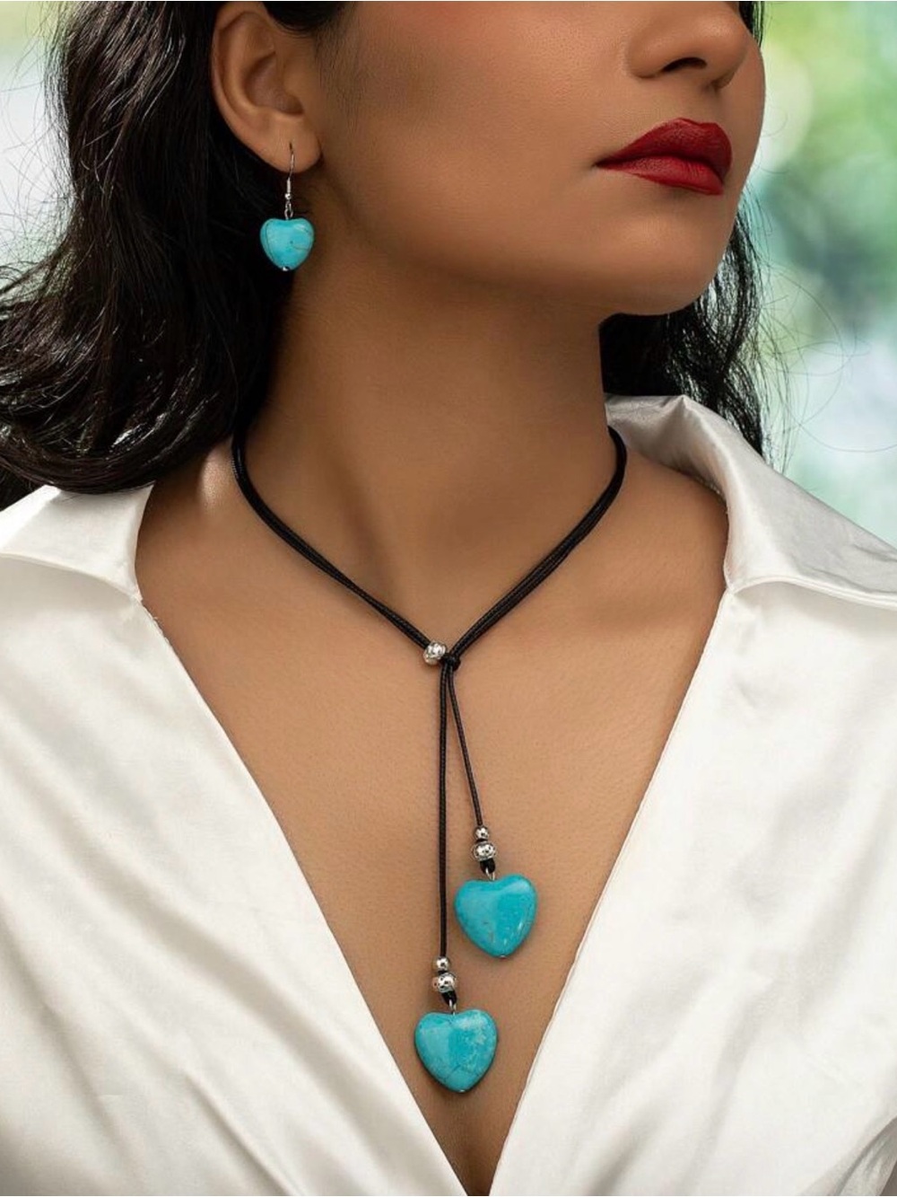 Turquoise Heart Pendant Lariat Necklace and Earrings Set - Blue